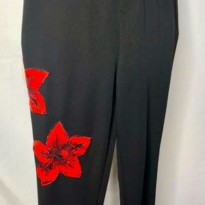 Red/Black high waist taper ankle pant - sparkle flower detail & stretch waist S